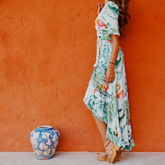 Z&L Europe Flamingo High Low Wrap Dress Women's XS ruffle palm tropical - Picture 4 of 13